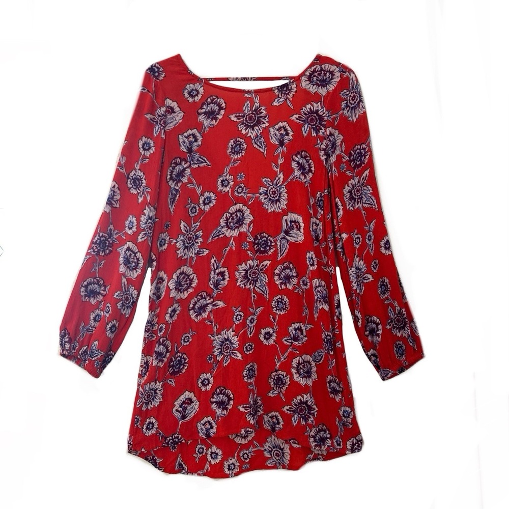 Billabong Red Floral Mini Dress Women Size S Boho Rayon Long‎ Sleeve Beach Style